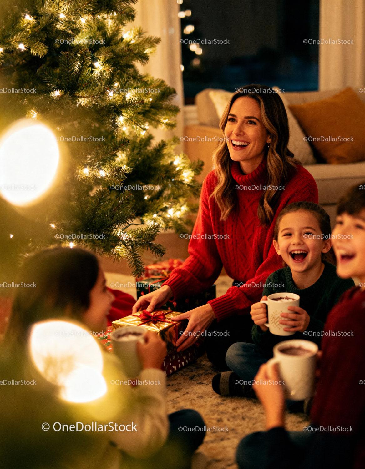 Happy family enjoying Christmas gifts by tree