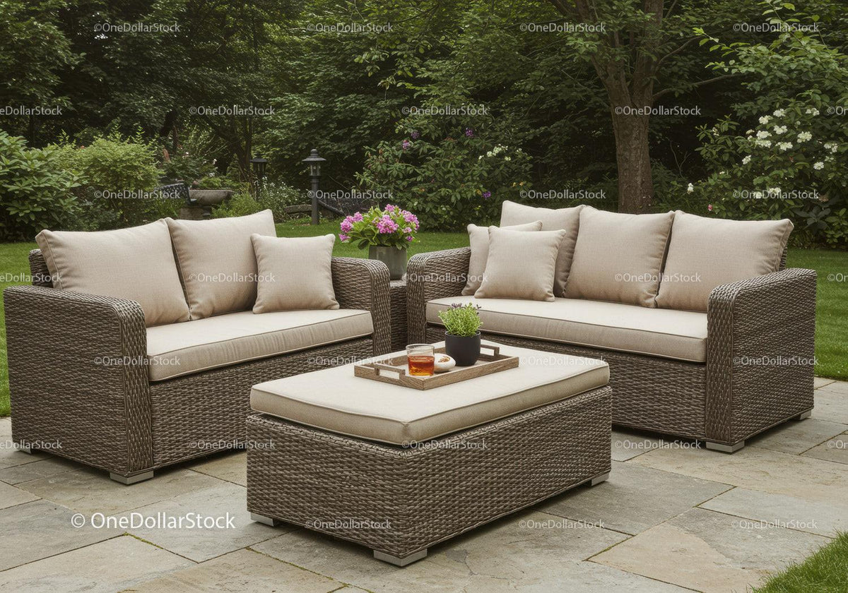 Elegant Wicker Garden Sofa Set with Cushions in Lush Backyard