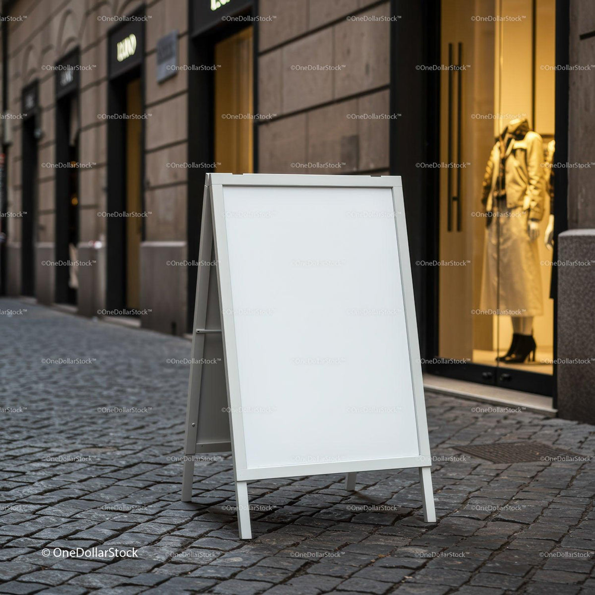 Blank street sidewalk sign in front of fashion store JPG Mockup Image preview