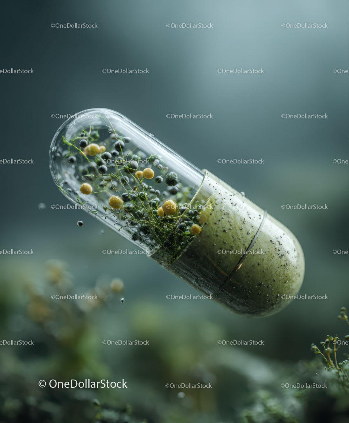 Clear capsule filled with green plant stems and small yellow spheres against blurred green background