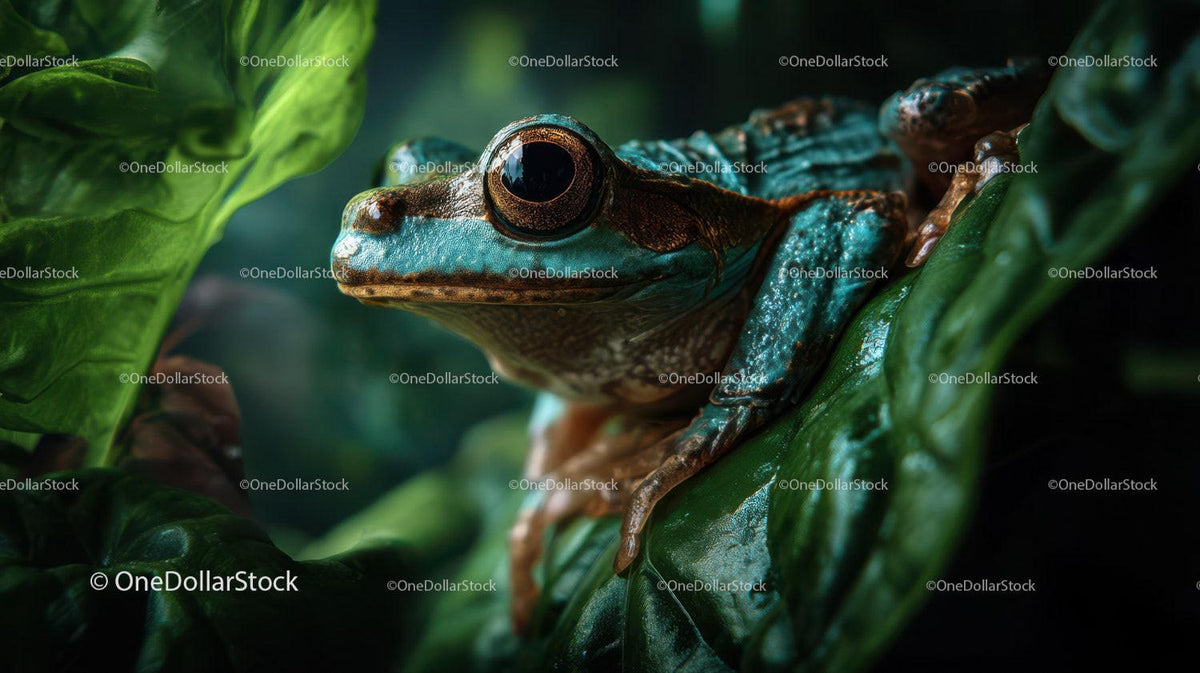 Close-up of a Green Frogs on Tropical Jungle Leaves