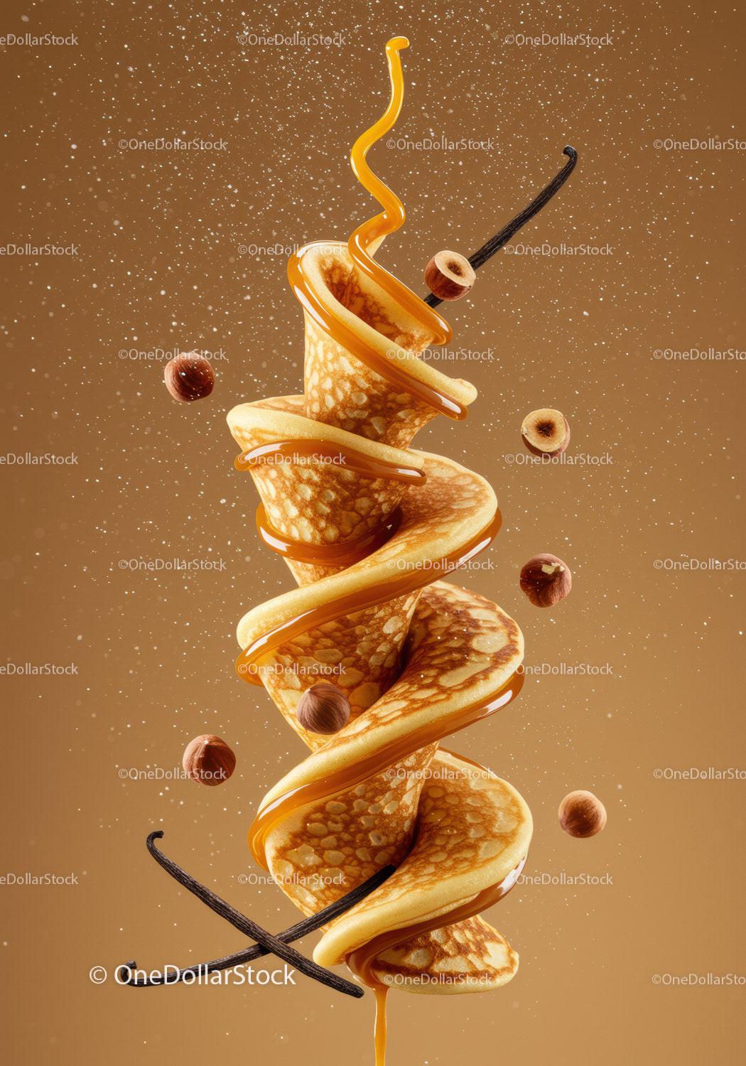 Swirling Pancake Tower with Caramel and Vanilla Beans