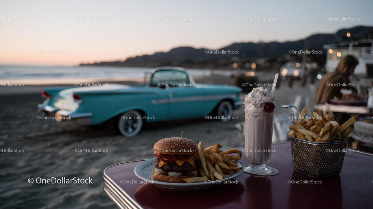 Beachside Cheeseburger French Fries and Milkshake with Classic Car Stock Photo Bundle preview 32