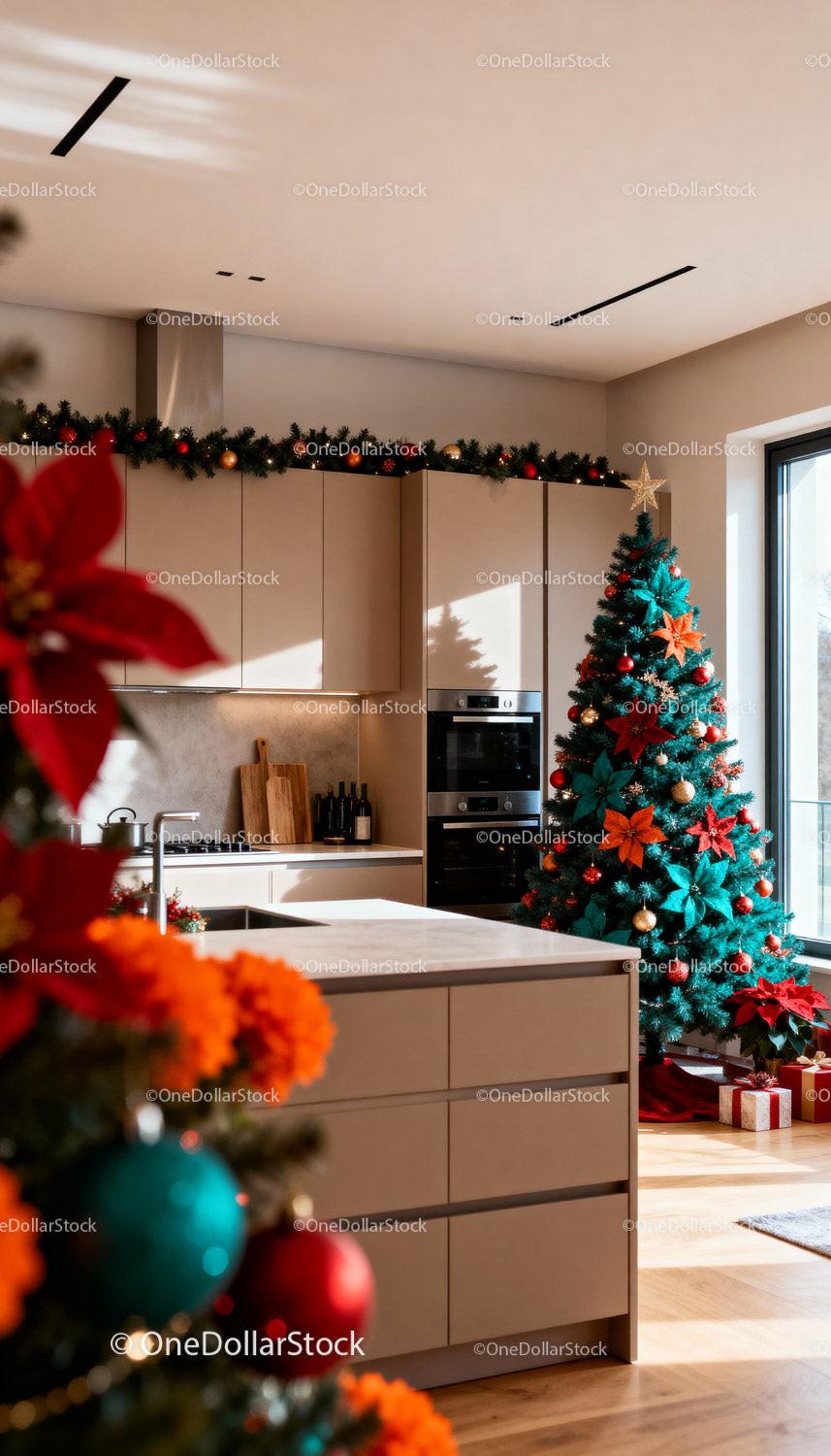 Modern Kitchen Decorated with Festive Christmas Tree