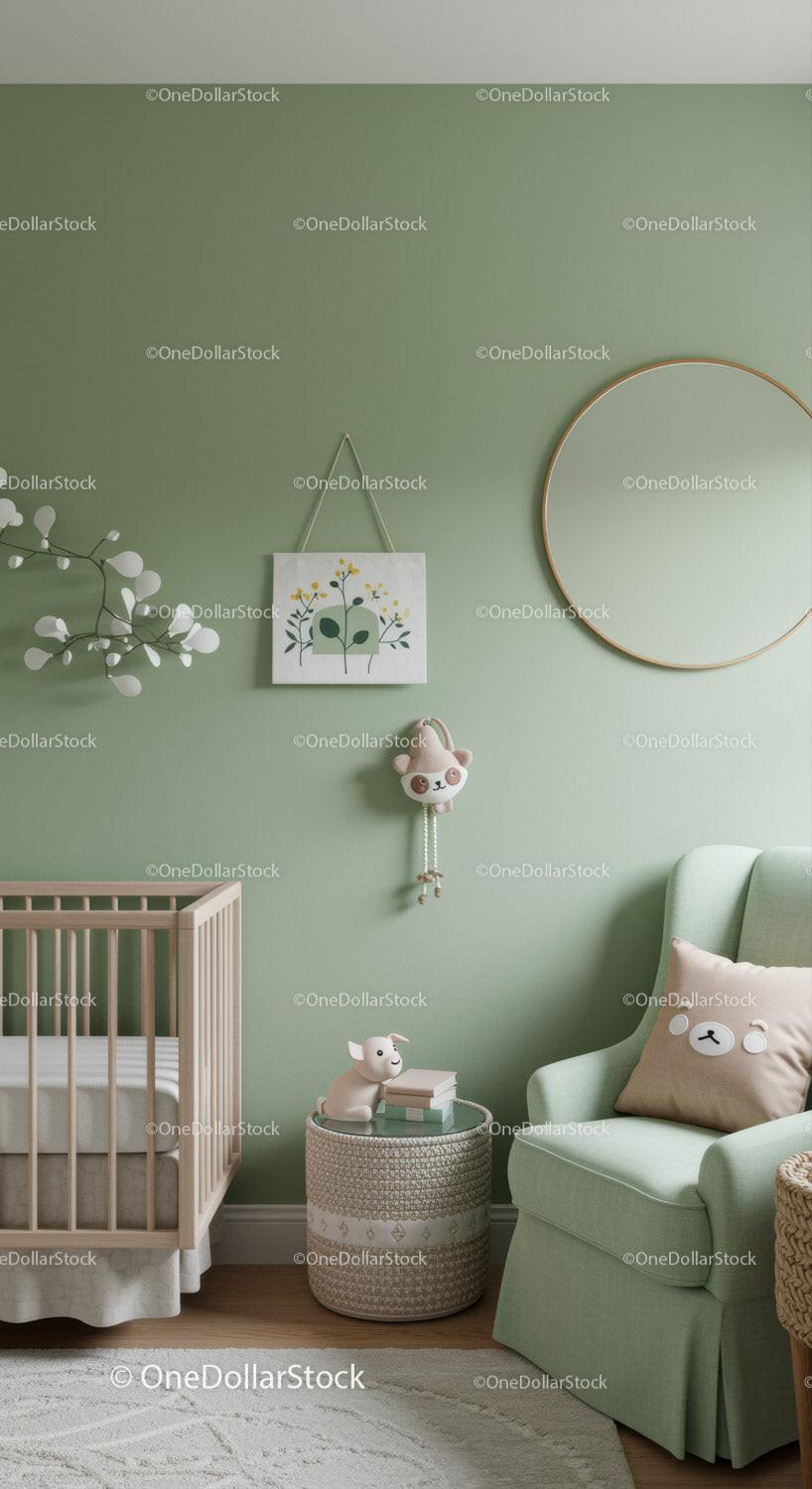 Baby nursery with pastel green wall decor plush toys and wall art