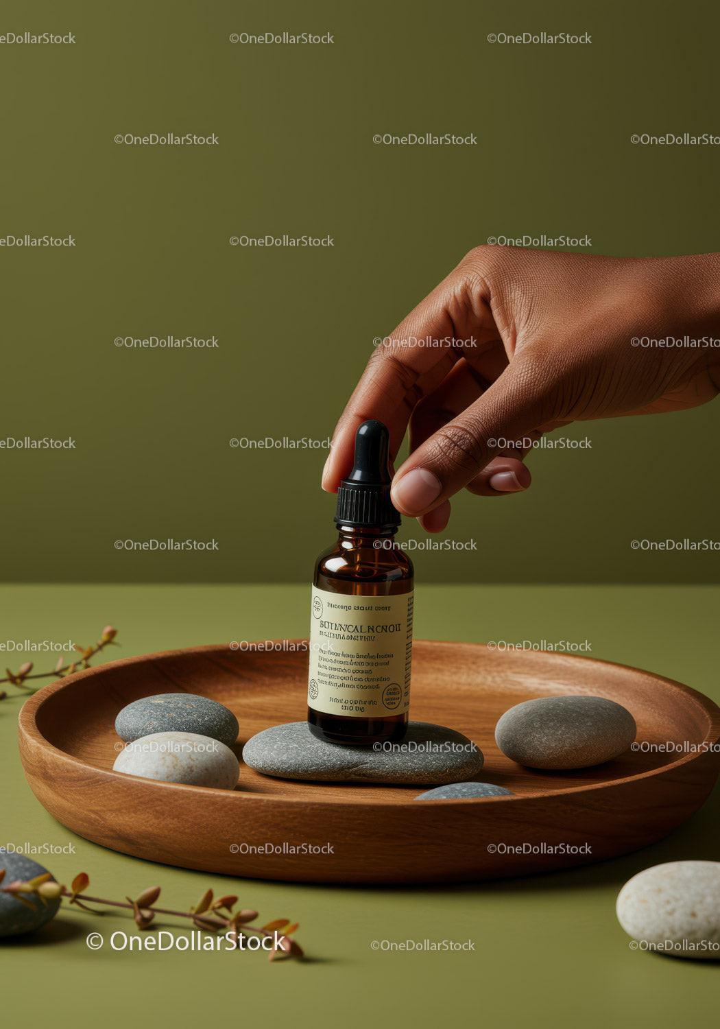 Essential Oil Dropper Bottle on Wooden Tray with Stones JPG Mockup Image preview