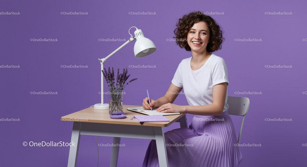 Happy Woman Writing Notes in a Stylish Purple Workspace 11 JPG Files digital asset preview