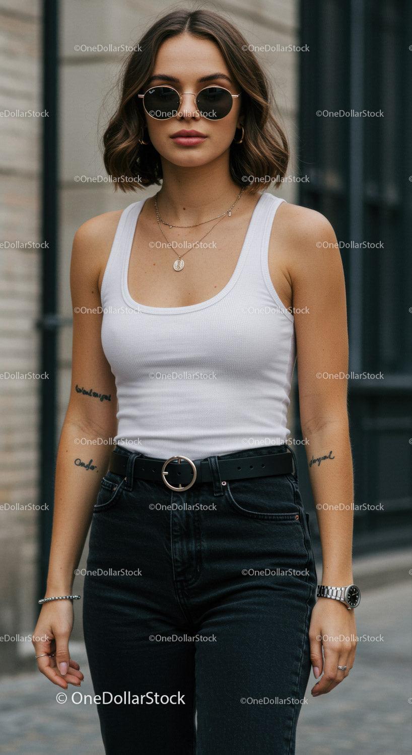 Stylish young woman in sunglasses and casual outfit