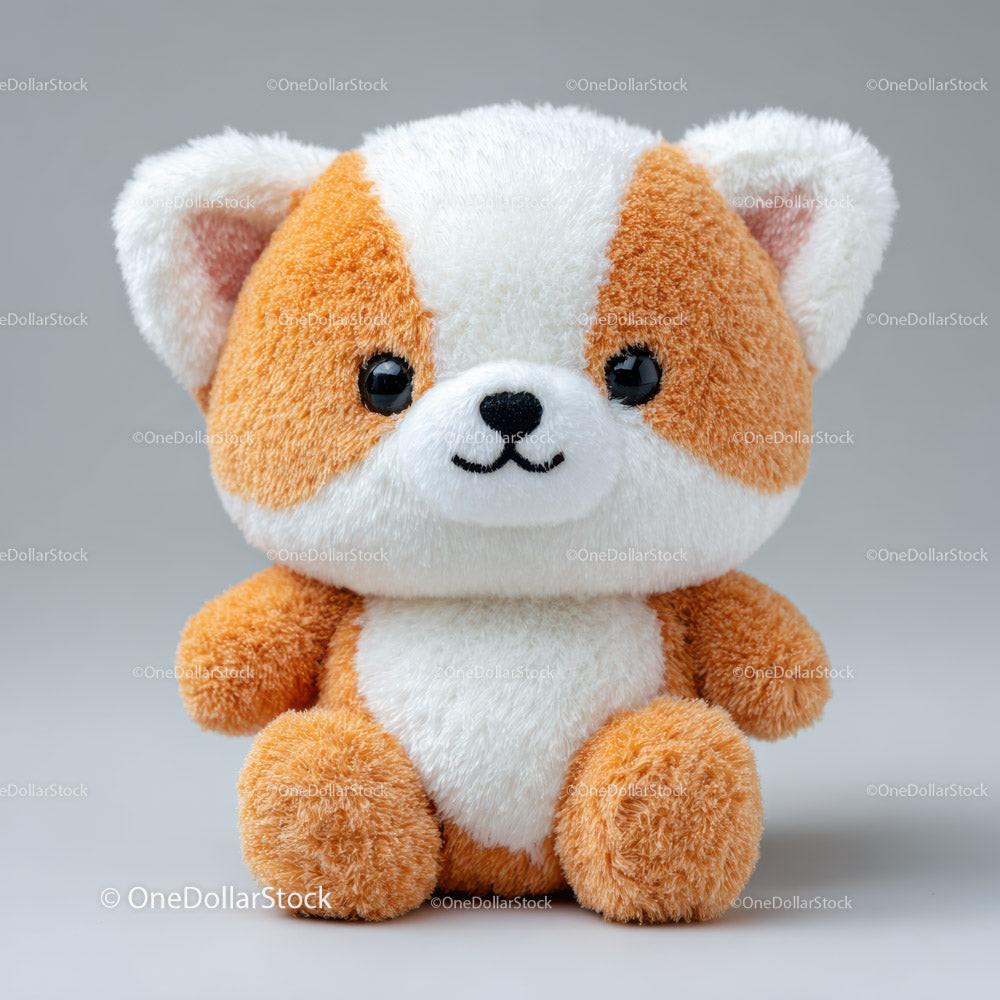 Plush dog toy sitting with orange and white fur, black eyes and nose on gray background