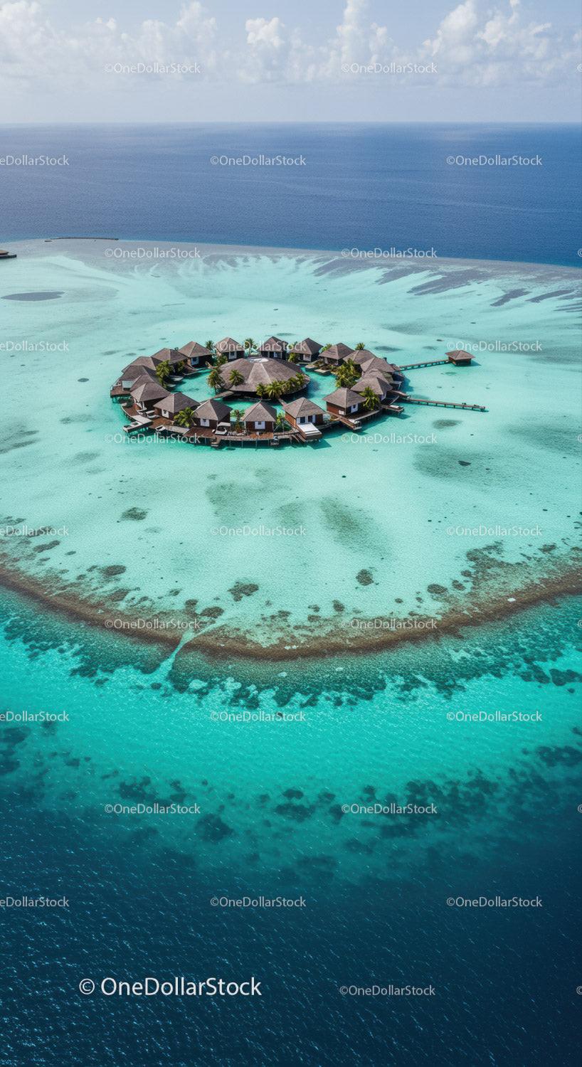 Overwater Bungalows on a Tropical Island Surrounded by Turquoise Water