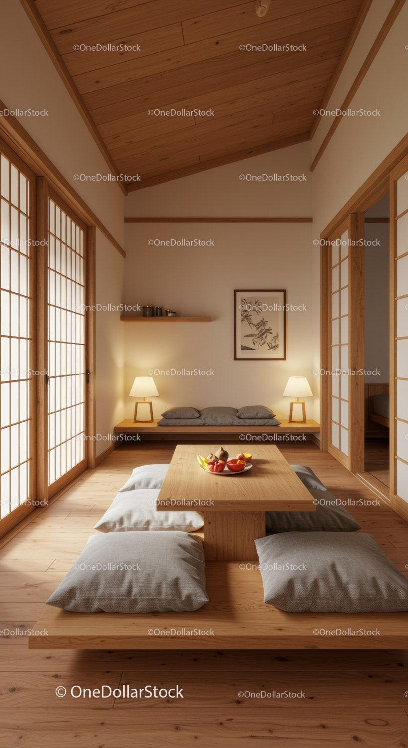 Traditional Japanese Zen Room with Tatami Mats and Wooden Decor