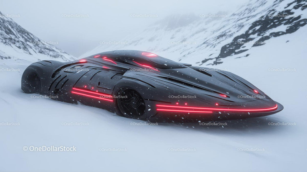 Black futuristic sports car with glowing red lights on snowy mountainous road