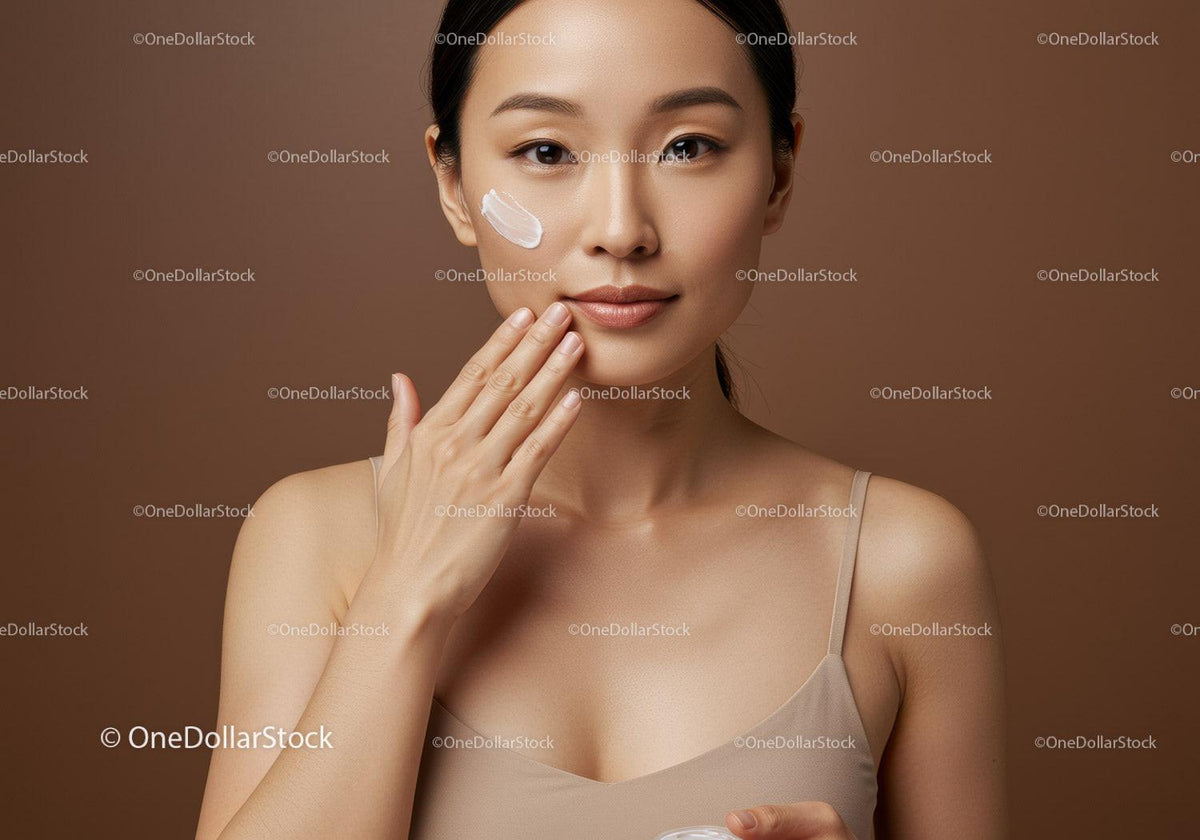 Young Woman Applying Cream with Beautiful Skin and Brown Background