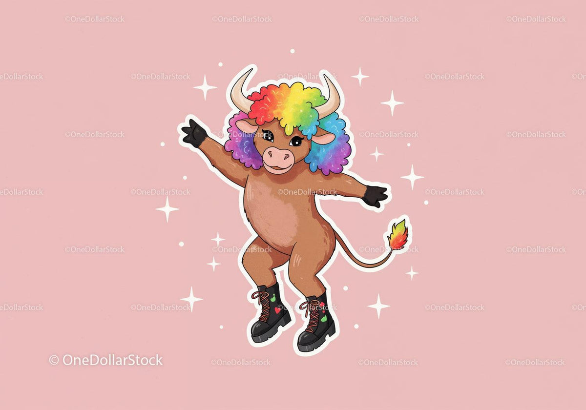 Colorful Cartoon Bull with Rainbow Hair in Funky Streetwear Stock Photo Bundle preview 13