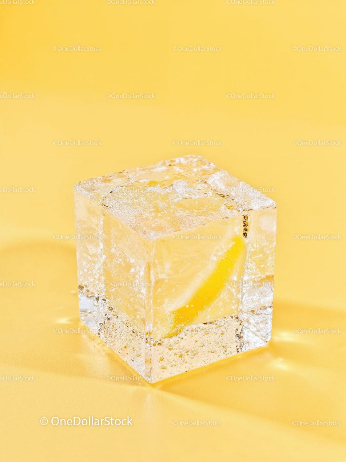 Close up of ice cube with lemon slice inside on yellow