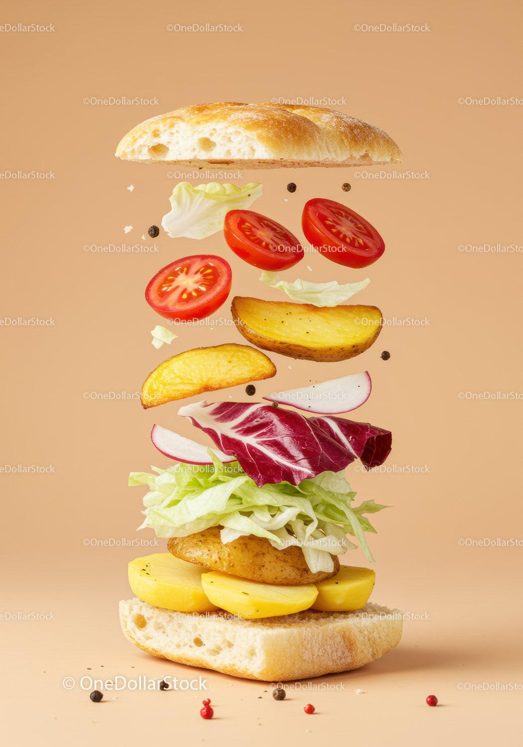 Fresh vegetable sandwich ingredients floating midair