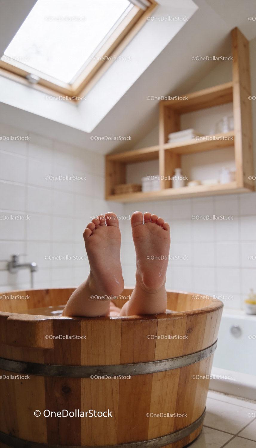 Child Relaxing in Wooden Bathtub with Feet Up