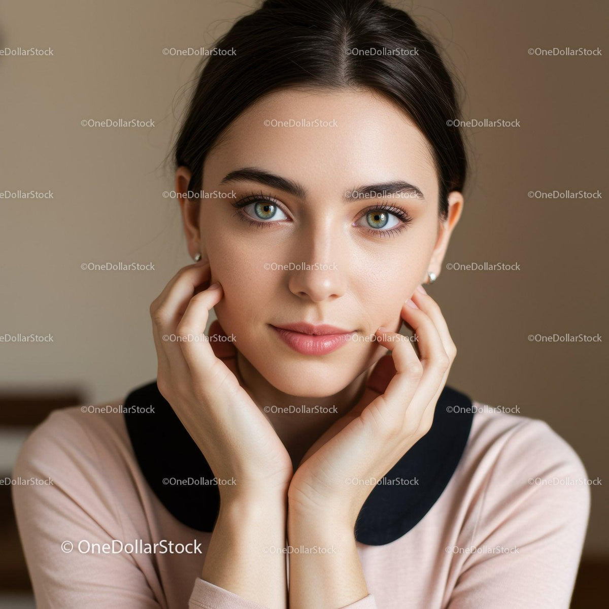 Elegant Young Woman with Bright Blue Eyes and Flawless Skin
