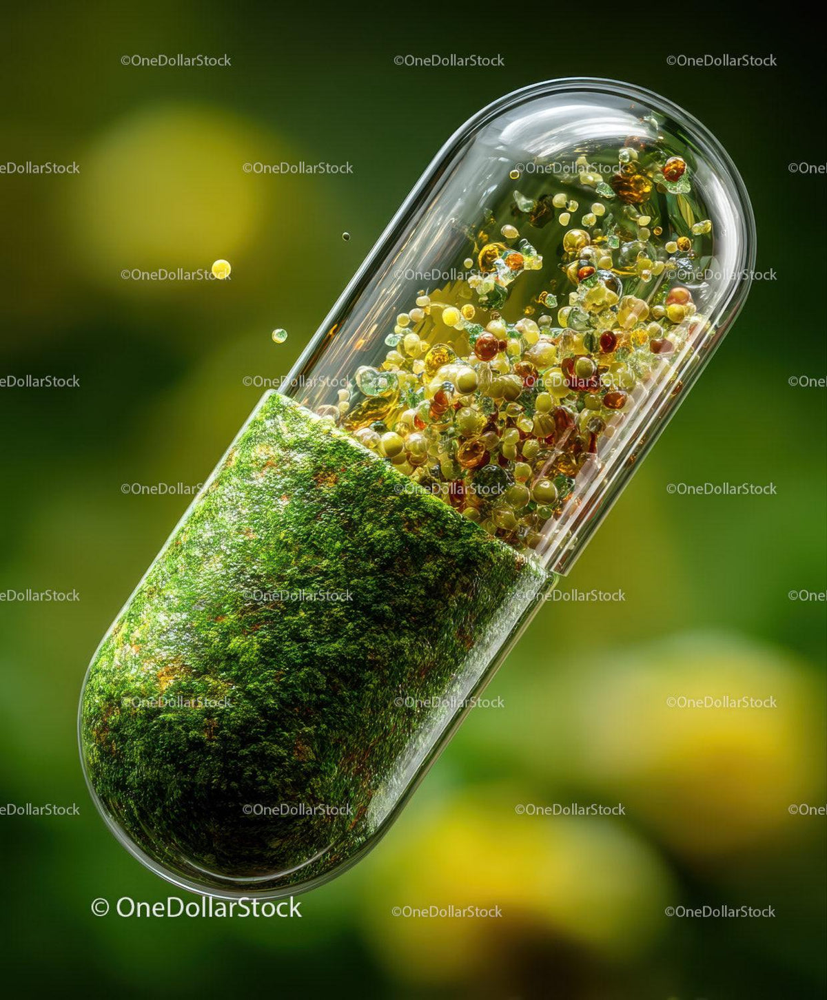 Glass capsule filled with green moss and colorful beads against a green blurred background