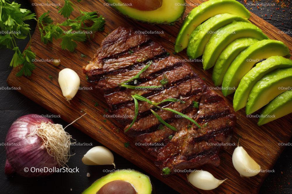 Juicy Grilled Steak with Fresh Avocado and Garlic on Rustic Board Stock Photo Bundle preview 29