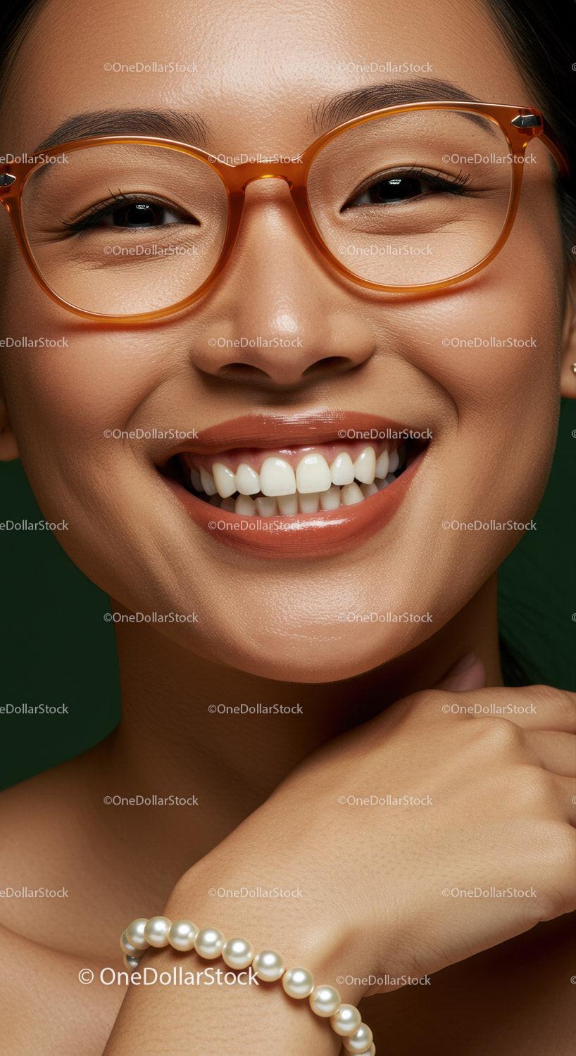 Smiling woman wearing stylish orange eyeglasses and pearls