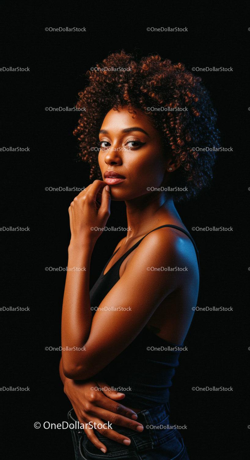 Thoughtful woman with curly hair posing on black background