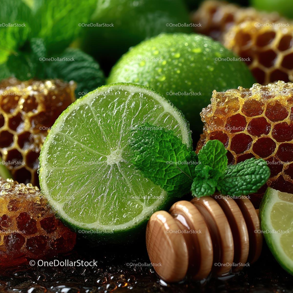 Fresh Limes, Mint Leaves and Honeycomb for Delicious Recipes Stock Photo Bundle preview 5