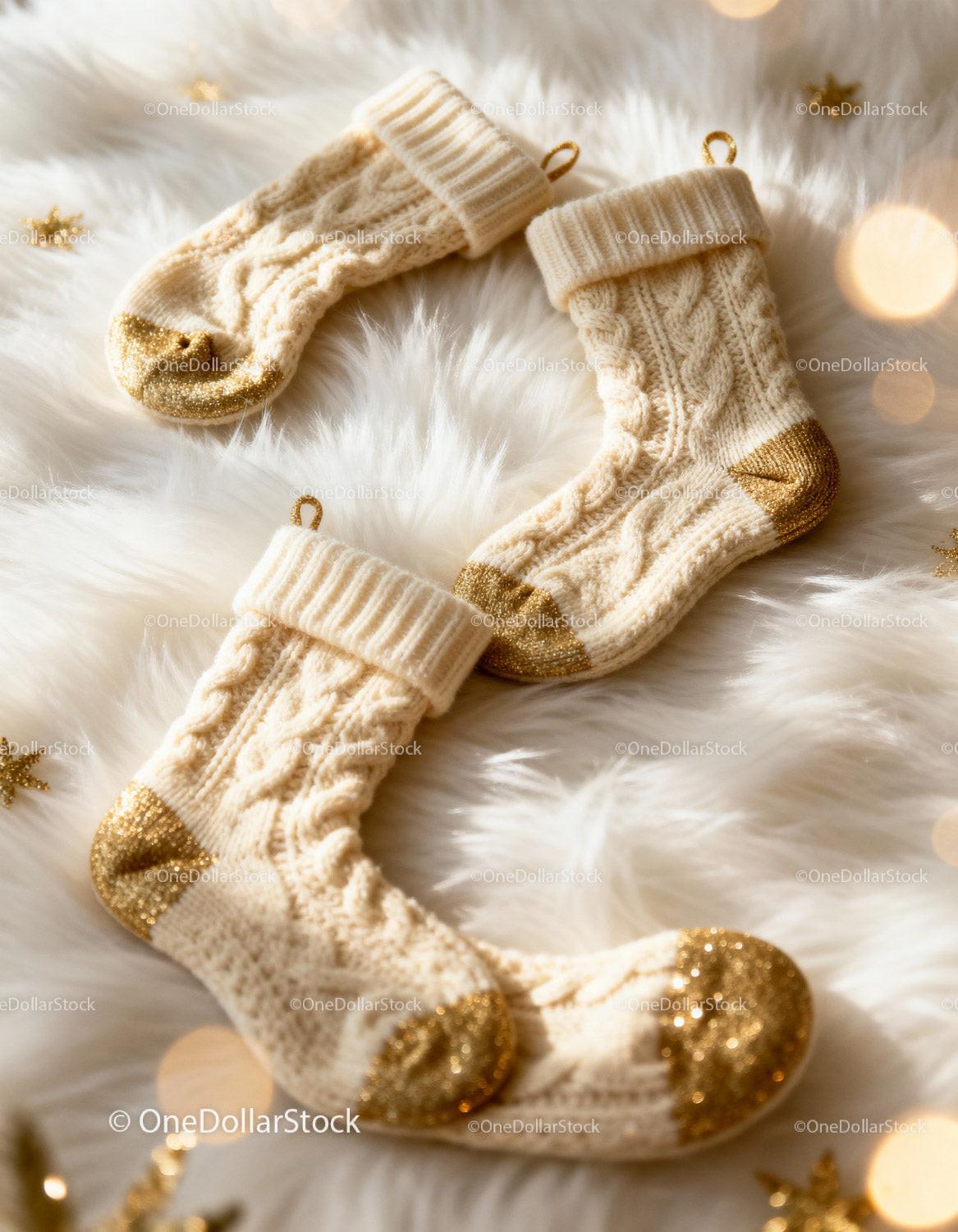 Cozy knitted cream stockings with gold tips on fur
