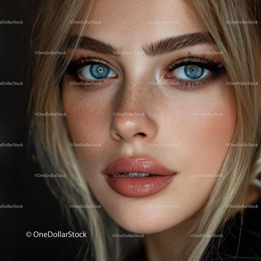 Close-Up Portrait of Blonde Woman with Blue Eyes and Natural Makeup