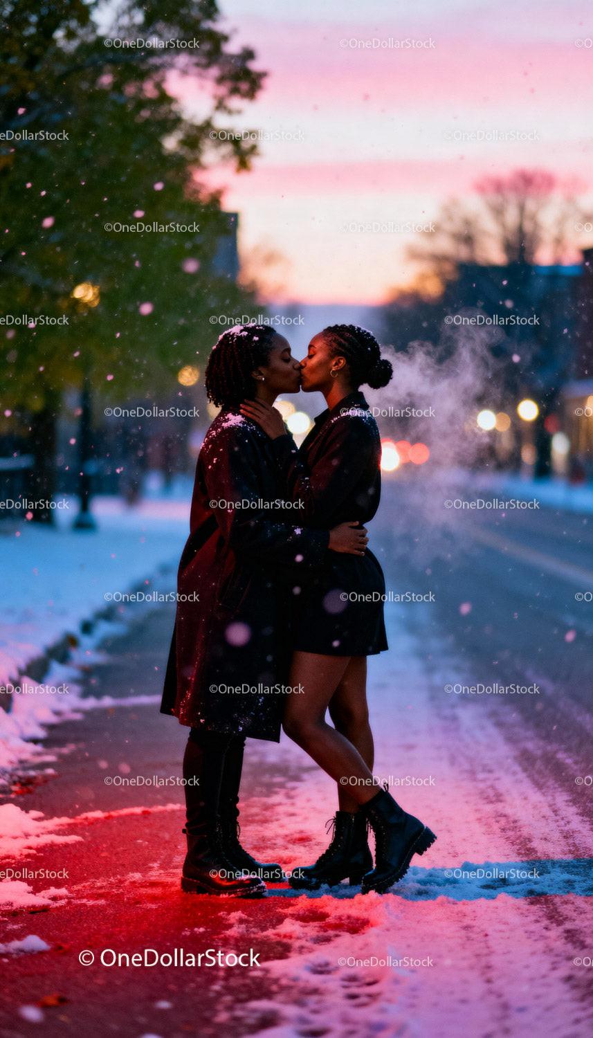Couple Sharing Intimate Kiss in Winter Evening Snowfall