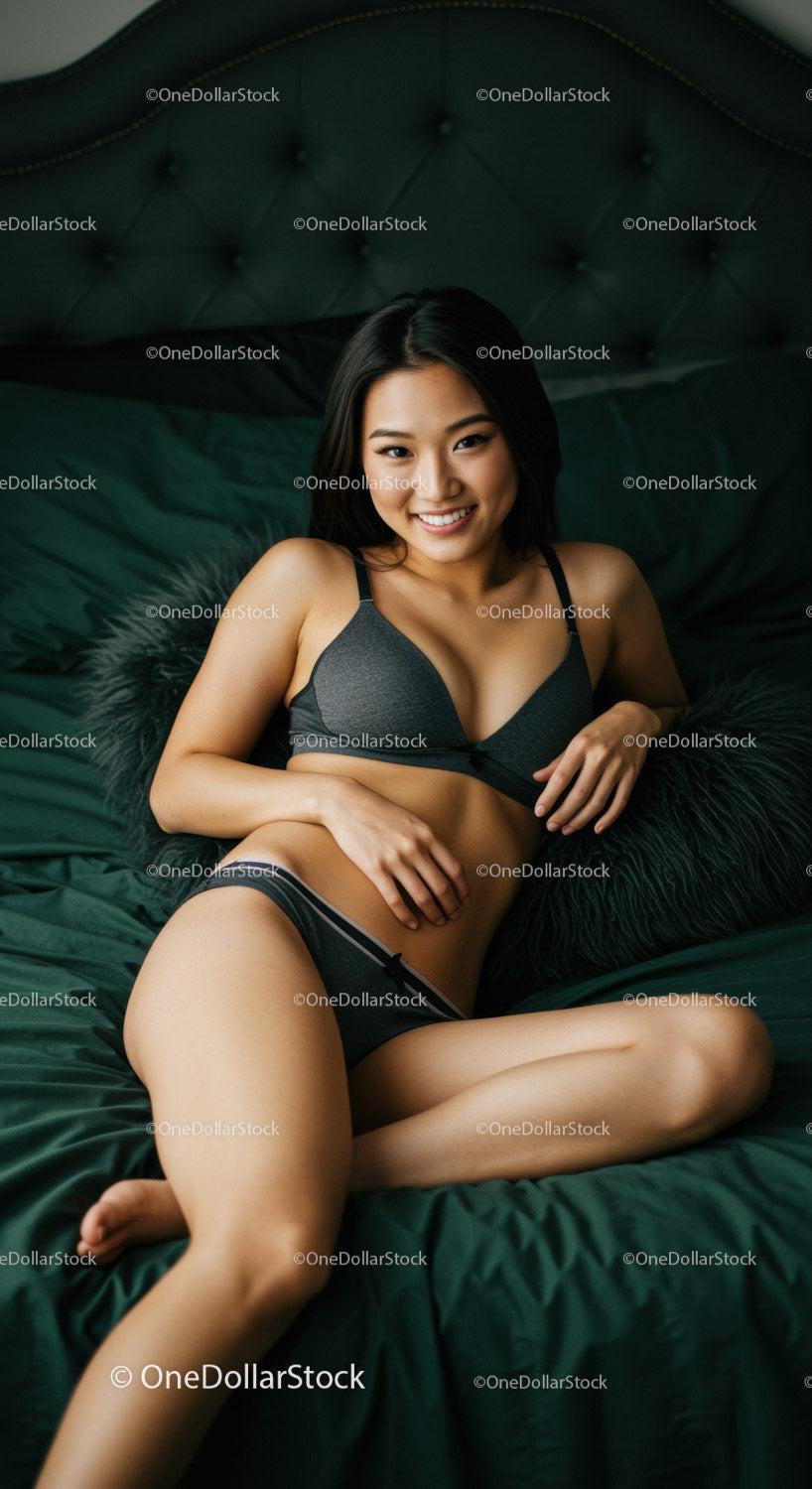 Smiling young woman relaxing on bed in comfortable lingerie