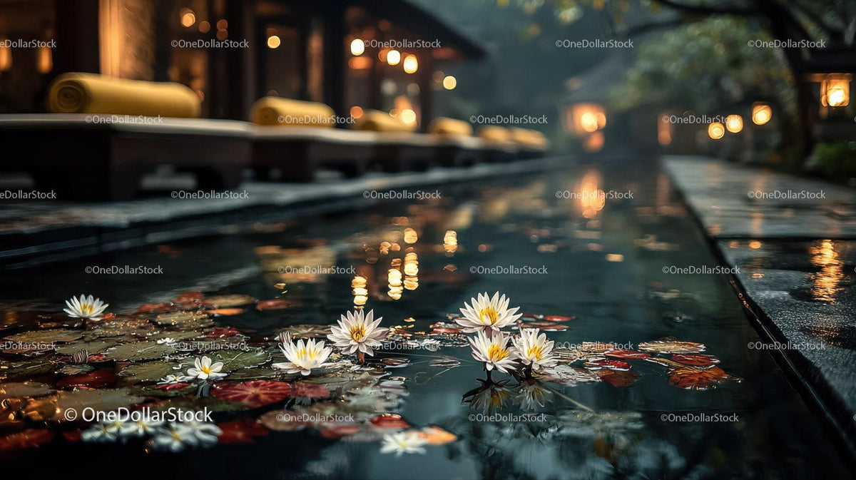 Serene Outdoor Spa Scene with Yellow Towel and Water Lilies Stock Photo Bundle preview 29