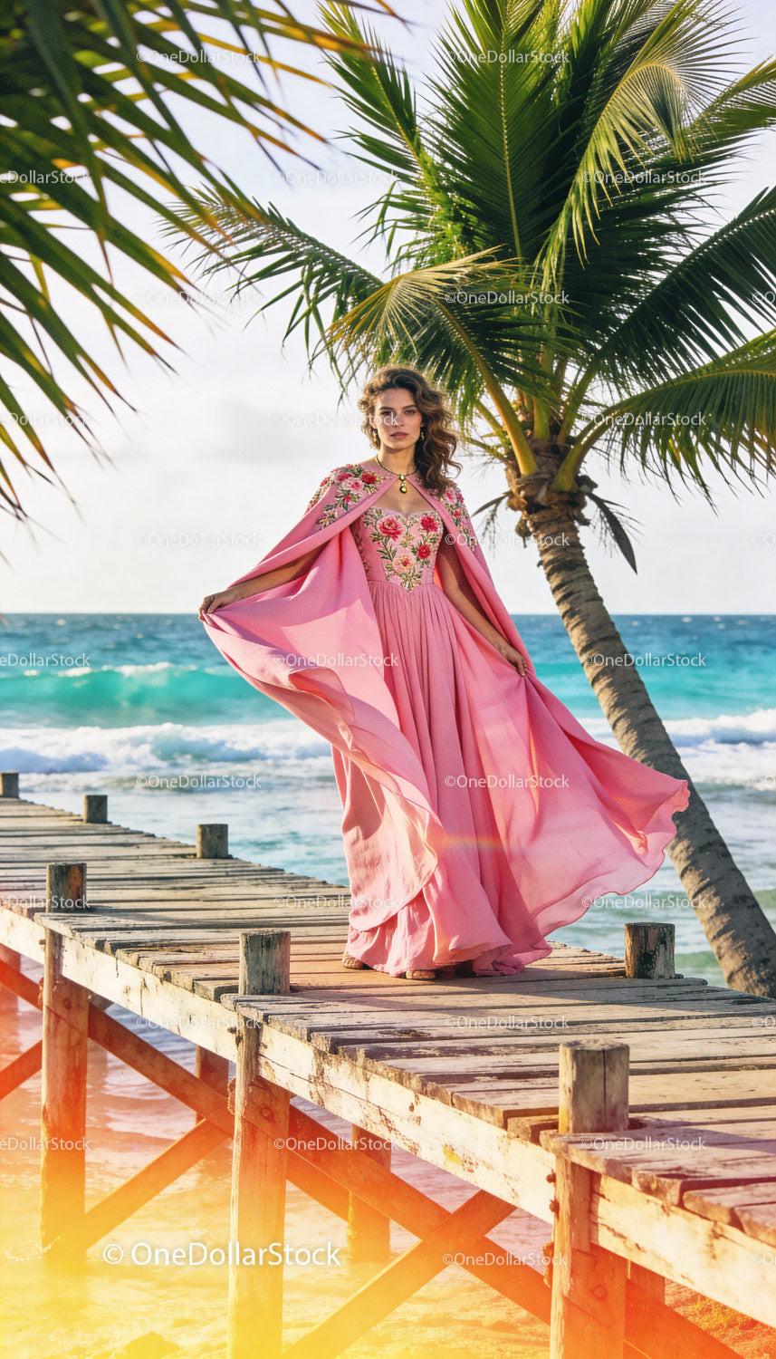 Elegant woman in flowing pink gown on tropical pier