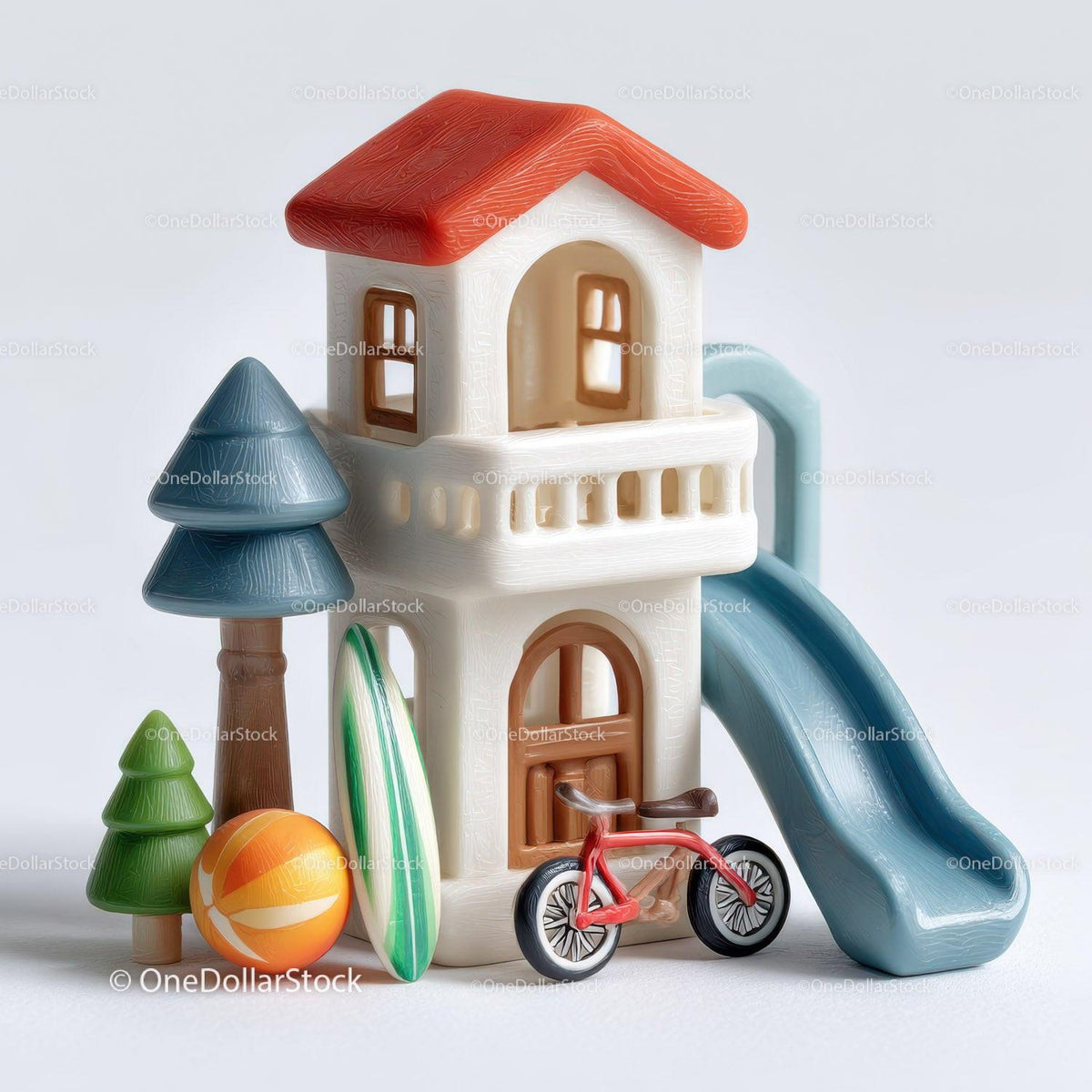 Two-story toy house with red roof and blue slide surrounded by trees bike and ball