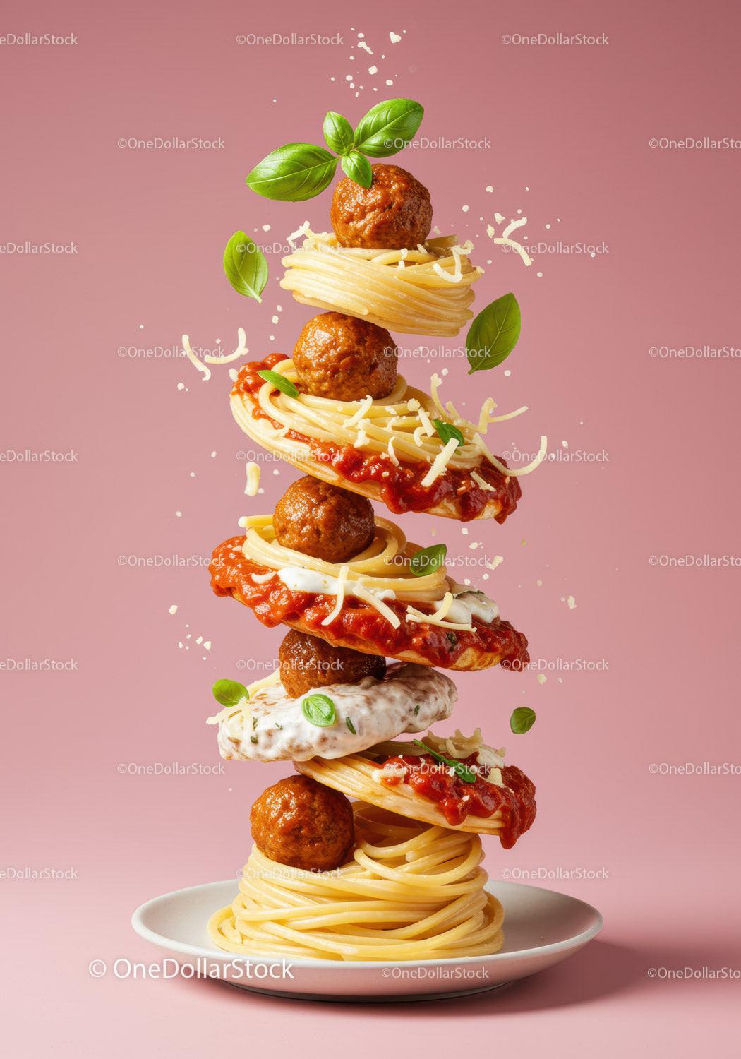Floating Spaghetti and Meatballs with Sauce and Basil