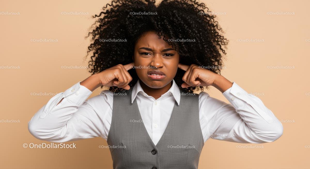 Young Woman Covering Her Ears with Earplugs Showing Displeasure