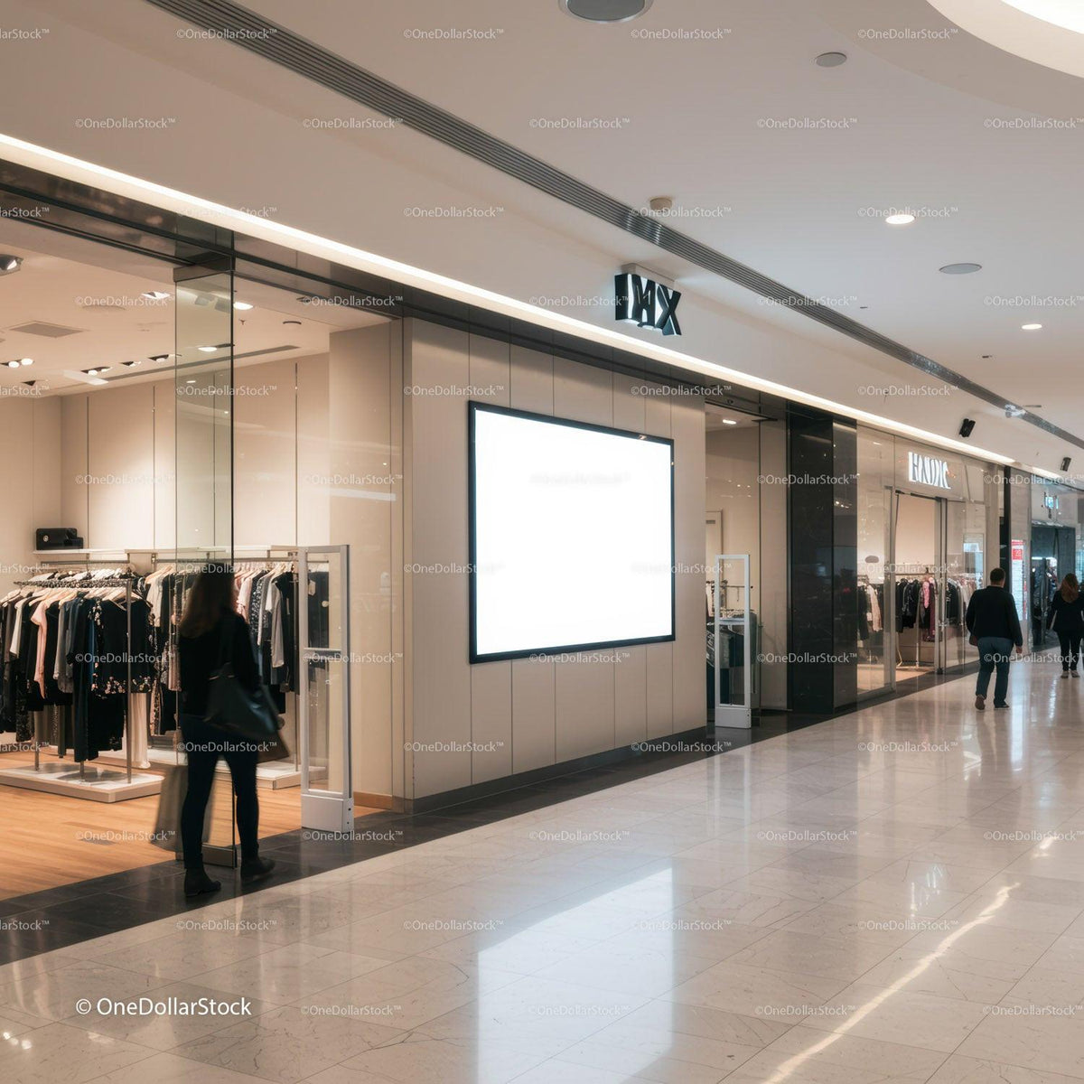 Woman entering modern clothing store in bright mall corridor JPG Mockup Image preview