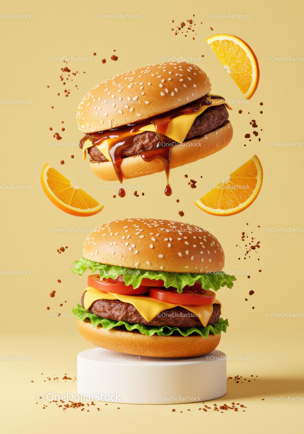 Two Cheeseburgers with Fresh Ingredients and Orange Slices