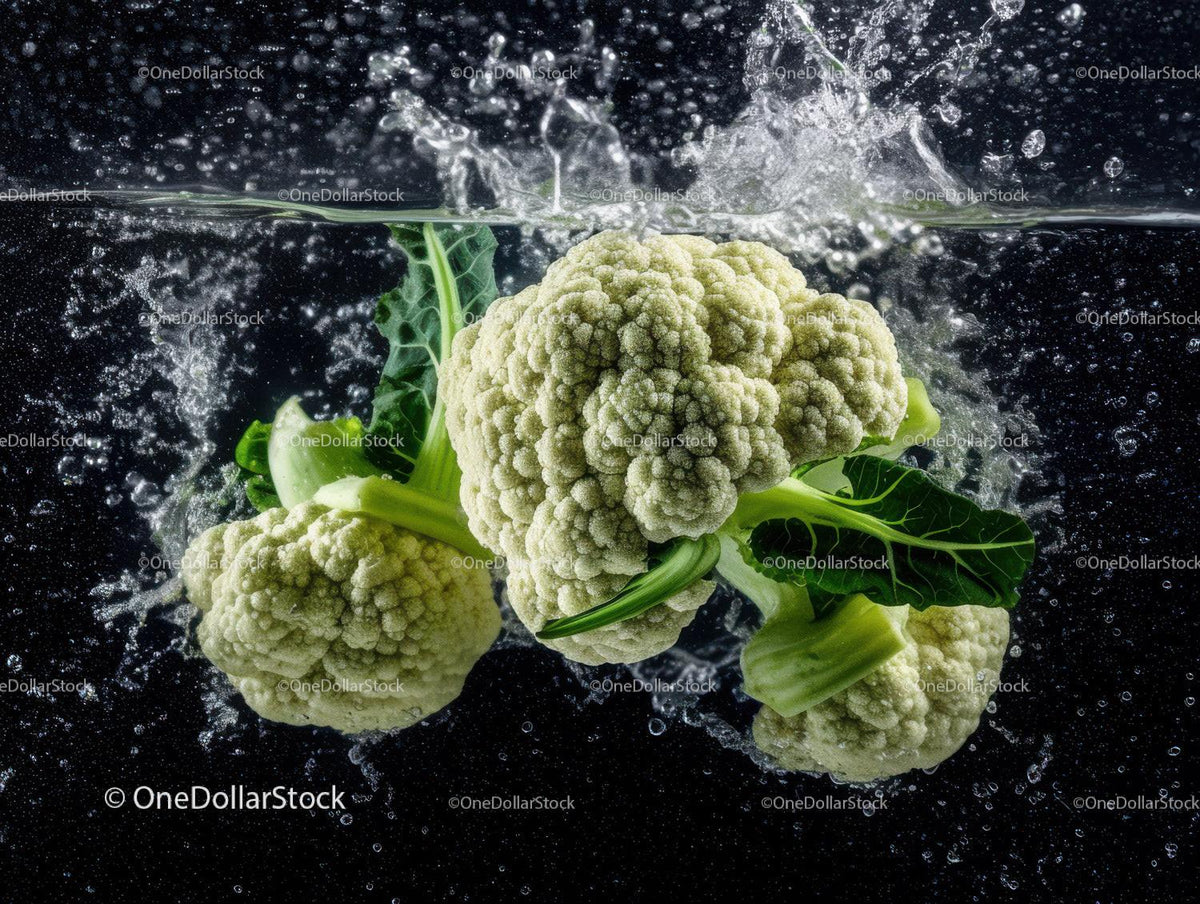 Fresh Cauliflower Head with Green Leaves and Water Droplets