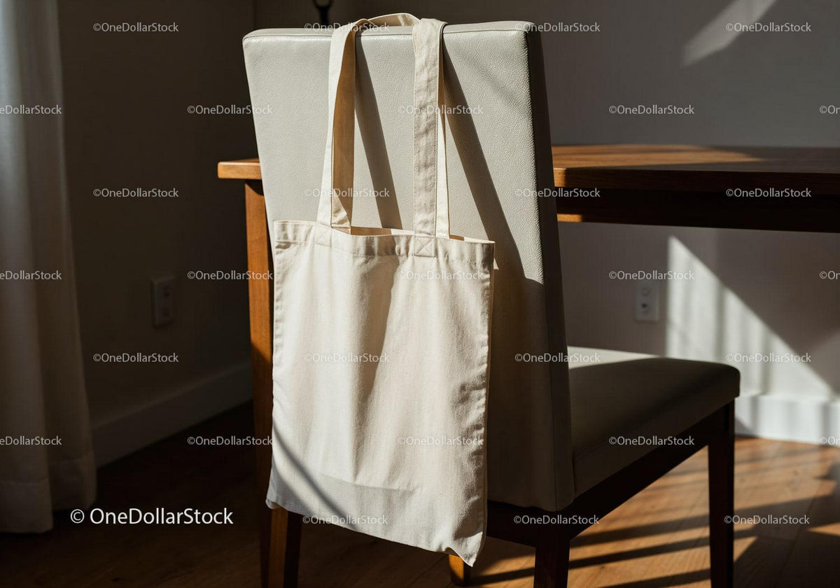 Natural Canvas Tote Bag Hanging on Chair in Sunlight JPG Mockup Image preview