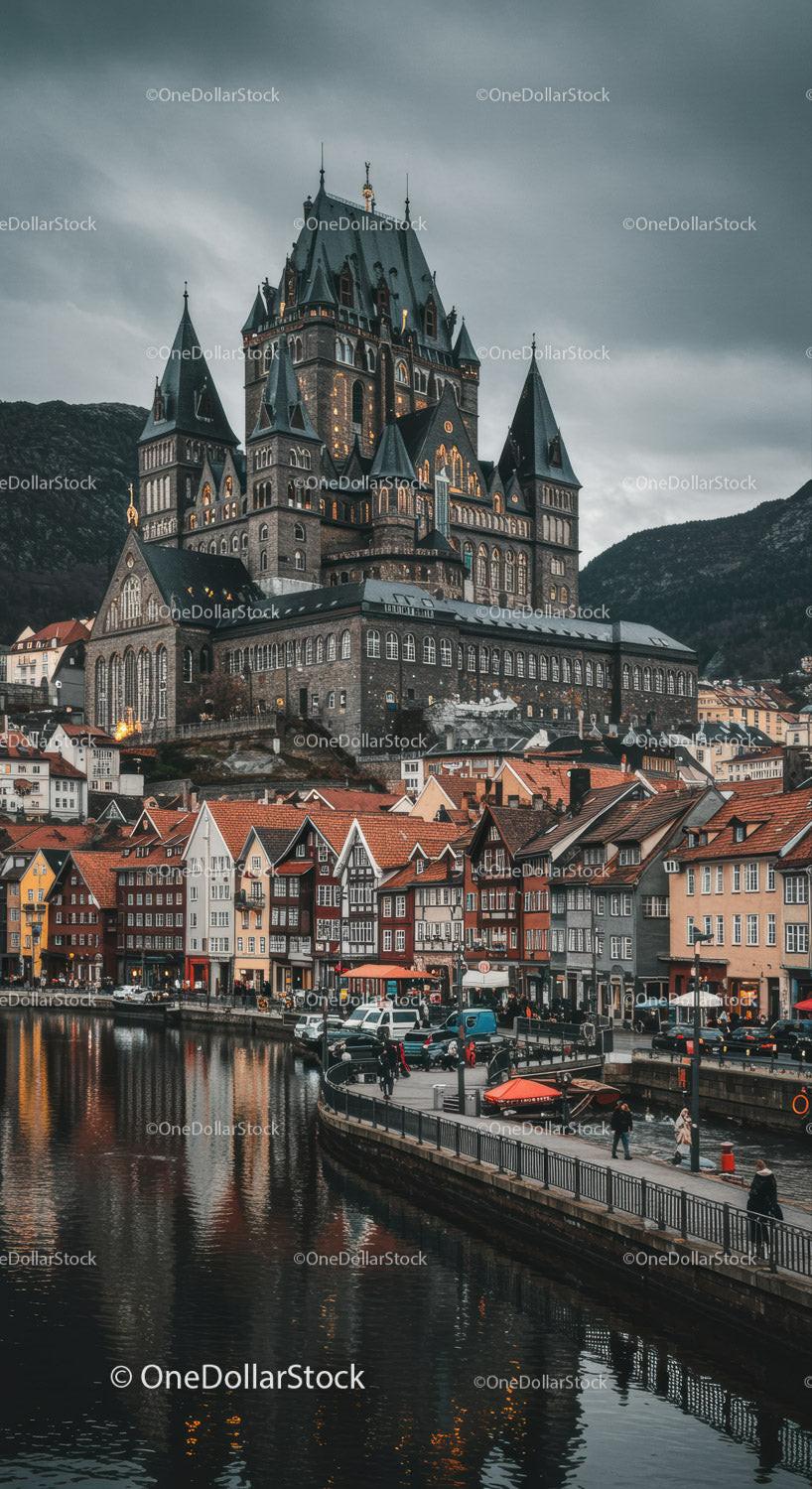 Colorful Houses and Gothic Castle by the Waterfront in a Historic European City