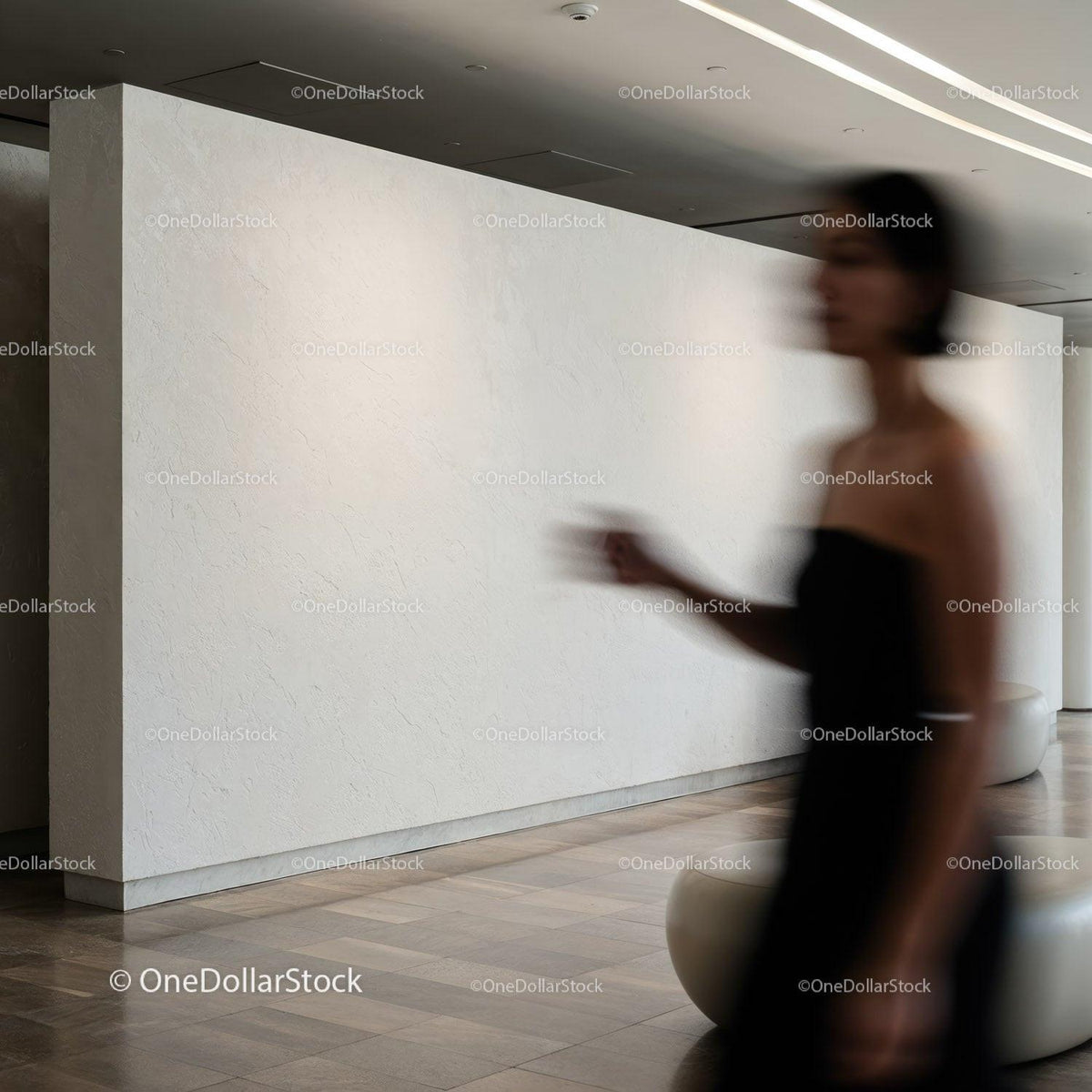 Blurred silhouette of woman walking in modern interior JPG Mockup Image preview