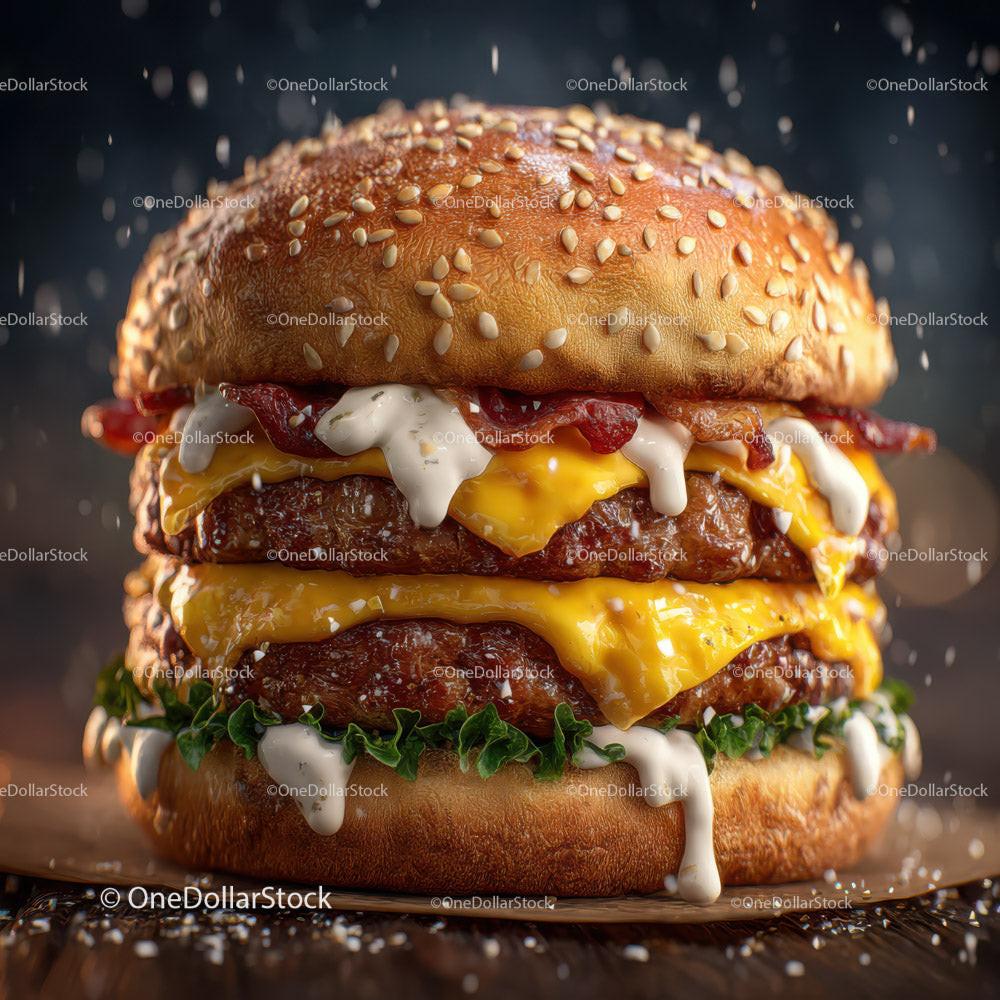 Delicious Double Cheeseburger with Bacon and Fresh Vegetables Stock Photo Bundle preview