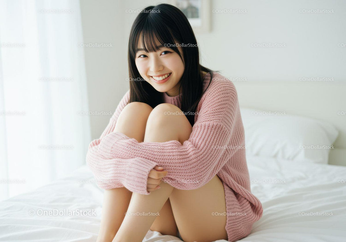 Happy Young Woman Sitting Relaxed on Bed in Cozy Pink Sweater