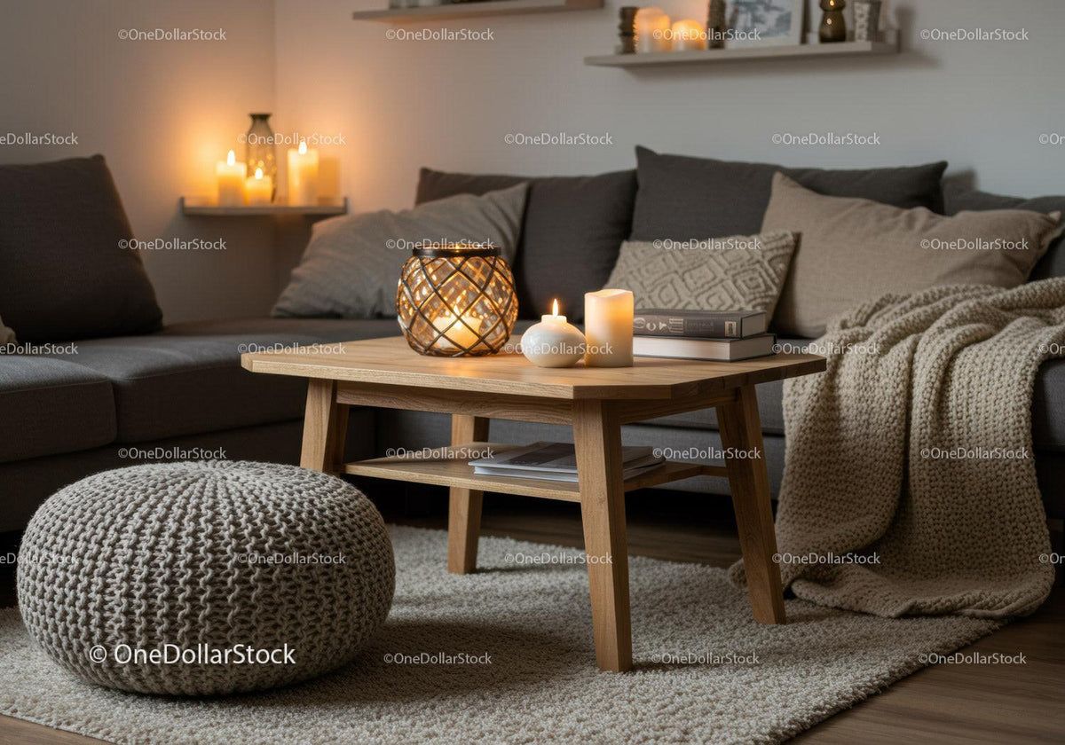 Cozy living room with warm candlelight and knit accents