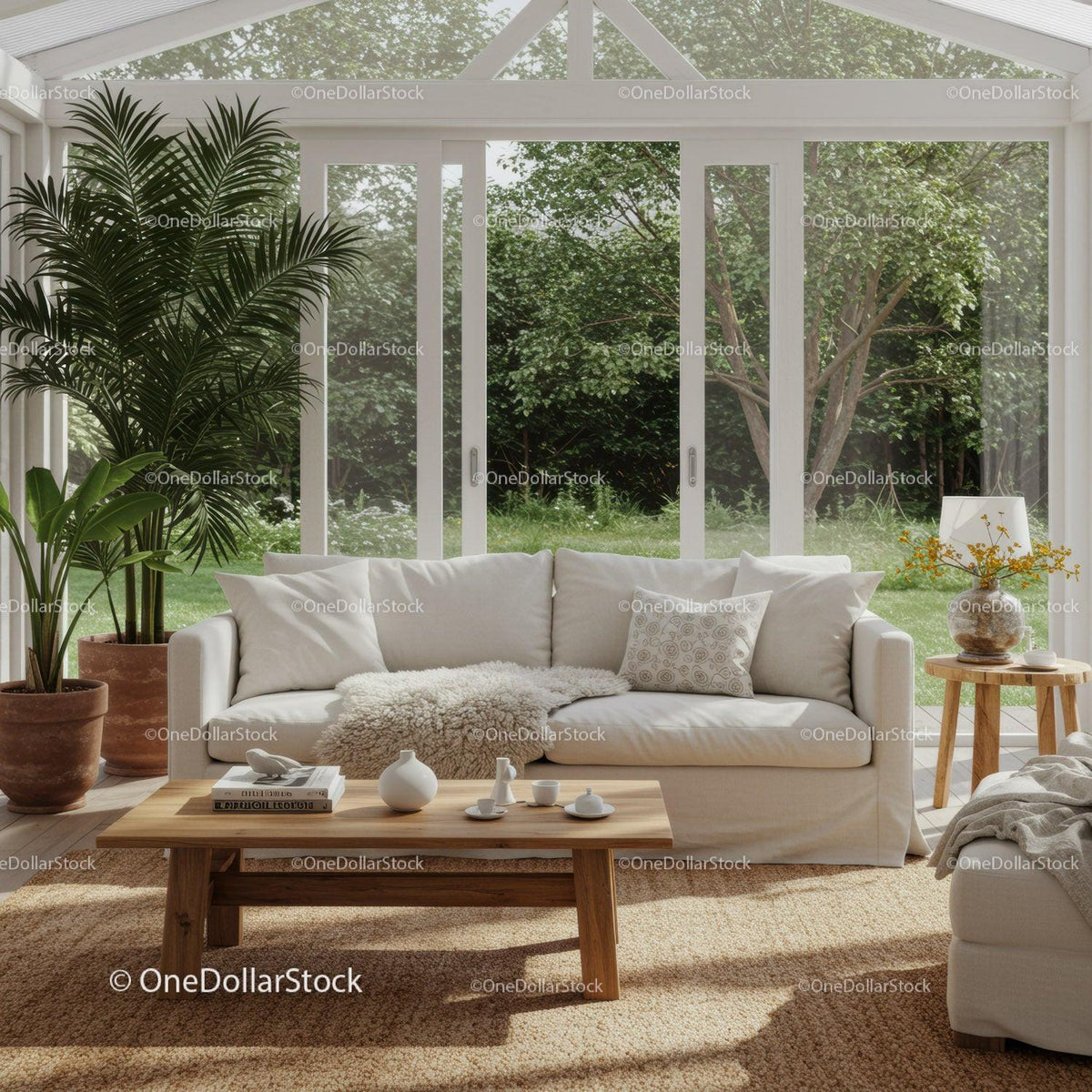 Cozy living room with natural light and greenery views