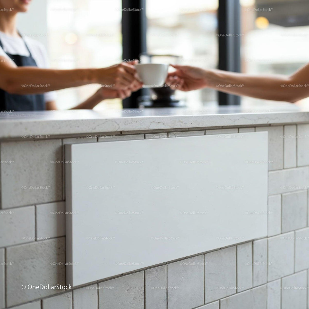 Barista hands coffee cup to customer over counter JPG Mockup Image preview