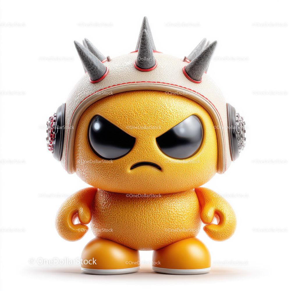 Yellow figure with angry eyes wearing spiked white helmet and clenched fists