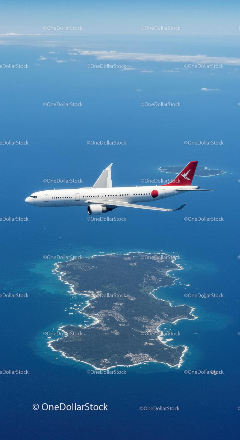 Commercial Jet Flying Over Tropical Ocean With Island Below