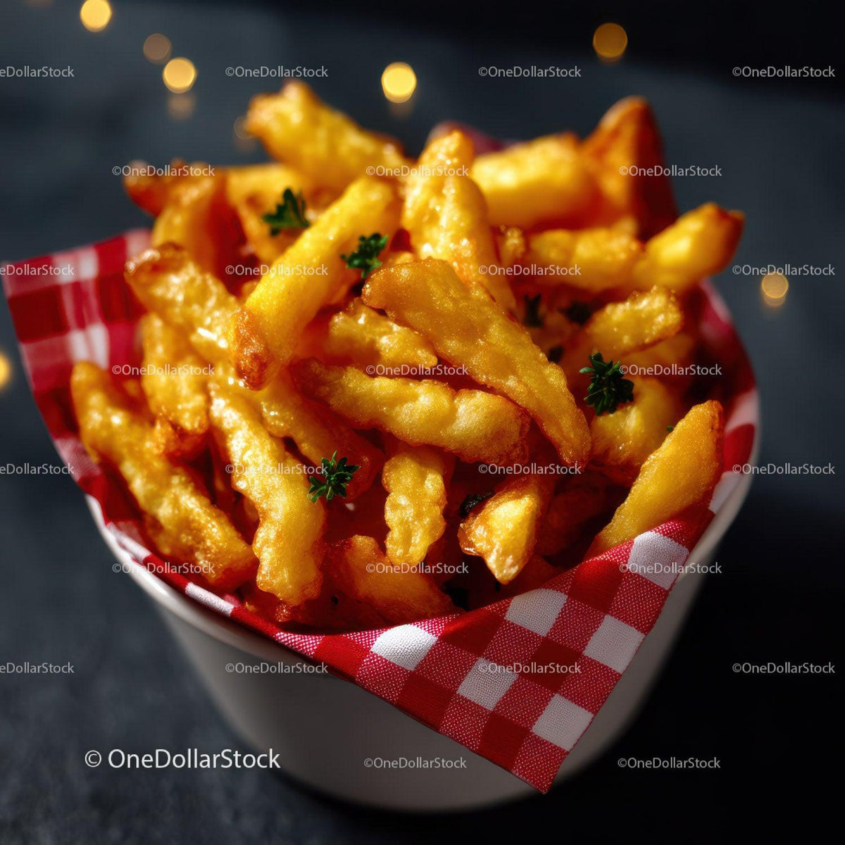 Golden French Fries Crispy Potato Snacks in a White Container